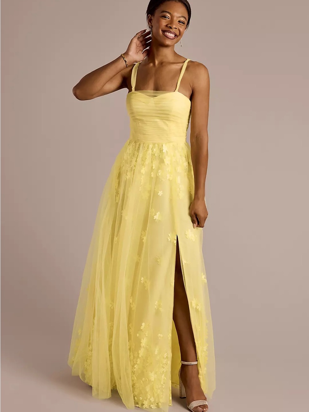 Jules & Cleo Yellow Strappy Tulle Maxi Dress with Floral Appliqué
